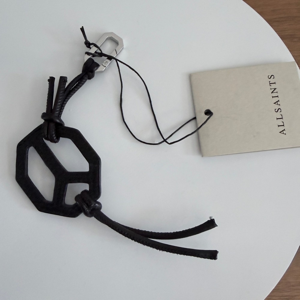 AllSaints Black Leather Peace Keyring W657XD-5 Bag Charm NWT - Picture 5 of 7